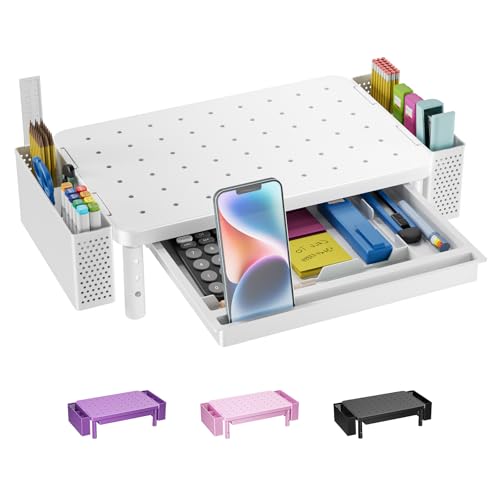 WALI Computer Monitor Stand with Storage, Desk Organizer with Drawer and Pen Holder, Desk Monitor Riser 3 Height Adjustable, Laptop Riser for Computer, Laptop, Printer(PTT003-W), 1 Pack, White - color: White, size: with Drawer and Pen Holder