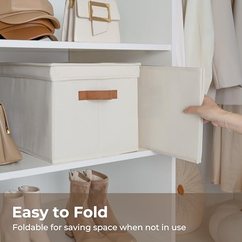 StorageWorks Storage Bins with Lids, Decorative Storage Boxes with Lid and PU Handles, Foldable Storage Baskets for Closet, Shelves, Stackable, Ivory, Jumbo, 3-Pack - color: Ivory, size: Jumbo