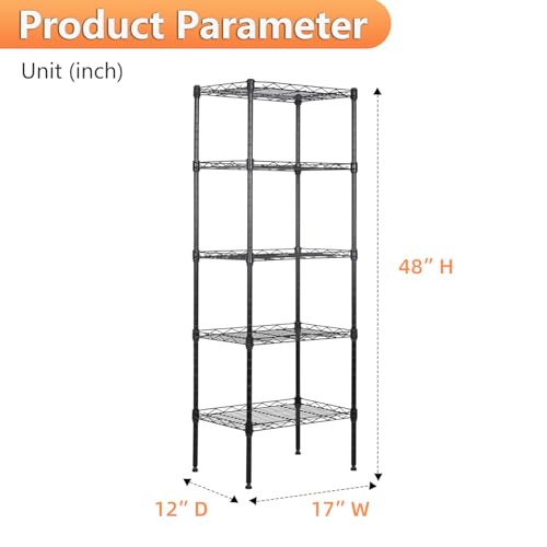 BestOffice | 5-Tier Wire Storage Shelves | 17x12x48 | Black | with Adjustable Racks | Heavy-Duty Metal Shelf, Holds Upto 750 lbs | No-Tool Assembly | Ideal for Home & Garage Shelving - color: Black, size: 17"D x 12"W x 48"H