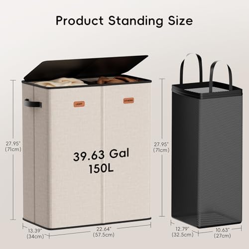 150L Double Laundry Hamper With Lid, Large Clothes Hampers with Removable Bag, Laundry Hamper 2 Section for Bathroom, Bedroom, Laundry Room, Dorm - color: Beige, size: 150L - 2 Section