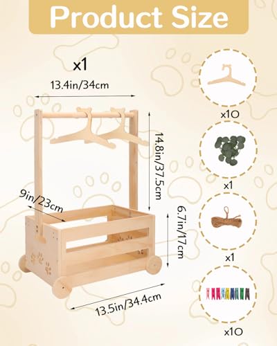 Wooden Dog Closet Pet Wardrobe Organizer, 20 x 13 x 9 Inch Pet Clothes Storage Crate with Hanging Rack, 10 Hangers, Rope & Clips for Dog Puppy Cat Toys Clothes Accessories