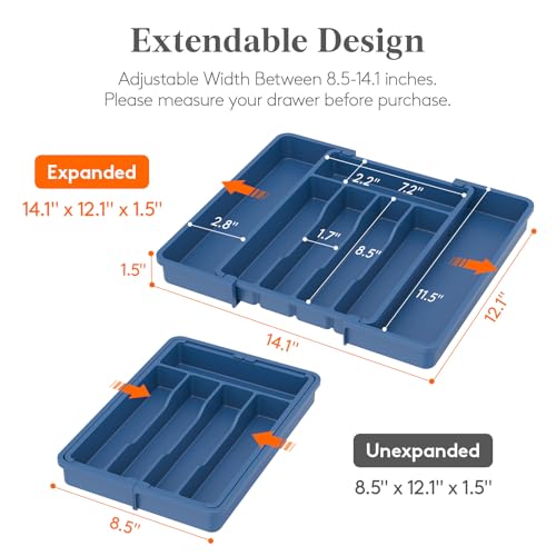 Lifewit Silverware Drawer Organizer, Expandable Utensil Tray for Kitchen, BPA Free Flatware and Cutlery Holder, Adjustable Plastic Storage for Spoons Forks Knives, 8.5"-14.1" x 12.1", Dark Blue - color: Dark Blue, size: Medium (8.5-14''W x 12''D)