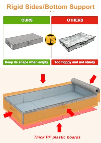 punemi 4.5 Inch Tall Under Bed Storage Containers,Low Profile Underbed Clothes Storage Bin with Sturdy Side & Bottom Support, Use as Clothes Organizer, Pillow and Blanket Organizer, 2 Pack, Grey - color: Grey-rigid-2pack, size: 4.5 inch