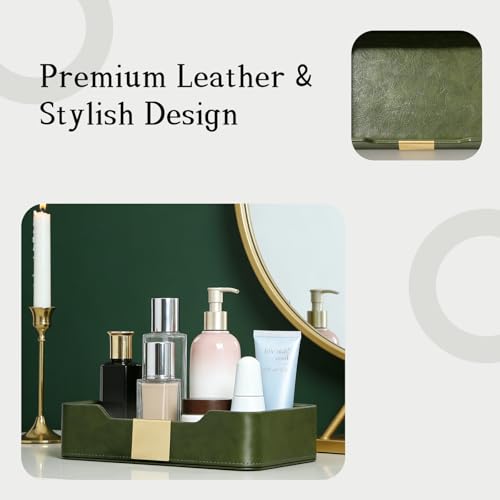 Green Luxury Leather Jewelry Tray - Stylish Desk Accessories & Nightstand Organizer for Holding Jewelry, Watch, Keys, Phone & Wallet (Entryway/Desktop Decor)