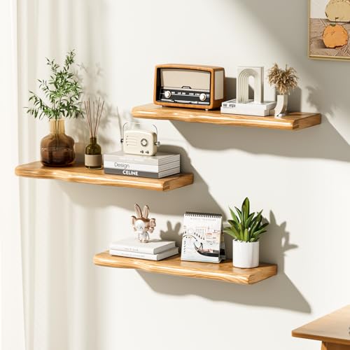 Floating Shelves for Wall 24 Inch Wooden Floating Shelves Live Edge Shelf with Unique Natural Grain Wall Mounted Rustic Pine Wood Shelf for Living Room Bedroom Kitchen Bathroom (Natural) - color: Natural, size: 24 inch - 2pcs