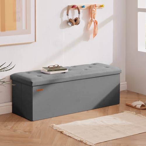 HAUSFRAU Storage Ottoman Bench with Flipping Lid, 43.3 Inches Storage Chest Footsrest, Folding Foot Stool for Entryway, Living Room, Bedroom, Linen Grey - color: Grey, size: 15"D x 43.5"W x 15"H