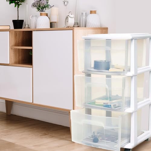 HOMZ 2-Pack Drawer Tower, 3-Tier Clear Plastic Storage Organizer Cart, White Frame - Organizing Containers with Wheels for Home, Bathroom, Bedroom, Office, and Classroom - color: White, size: 2 Pack