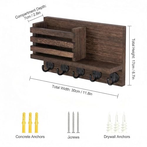 Wall Key and Mail Holder, Mail Organizer with 5 Metal Key Hooks, Selected Tung Wood, 11.8 x 6.7 inches, Includes mounting Hardware (Brown) - color: Brown