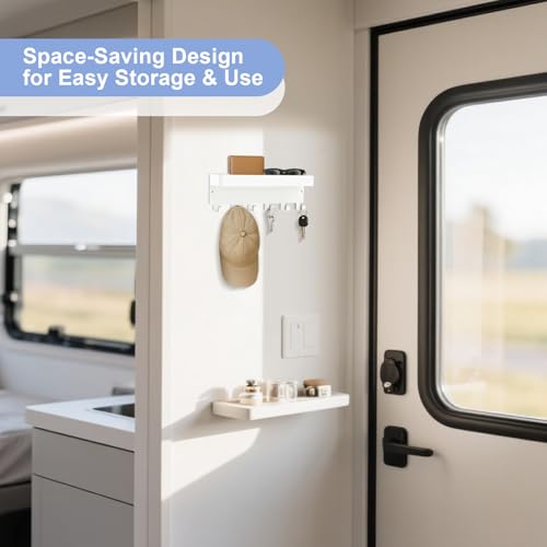RELBRO Magnetic Key Holder for Fridge, Metal Wall Mount Key Rack with Shelf, 6 Hooks, 2 Installation Options, White - color: White