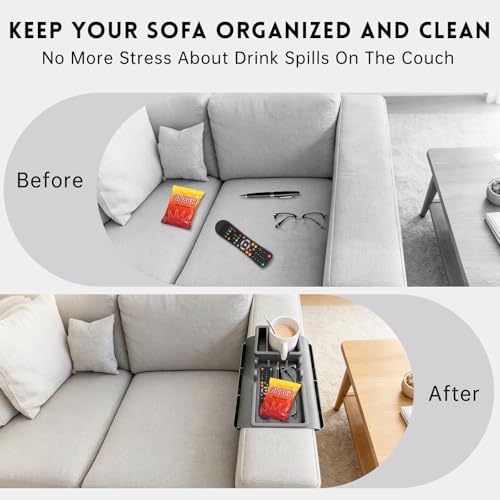 2Pcs Couch Cup Holder Tray, Couch Arm Cup Holder, Large Anti-Slip Couch Cups Holder with Side Pocket, Silicone Sofa Armrest Organizer for Snacks/Remote/Phone/Fruit, Gift for Holiday - color: Grey