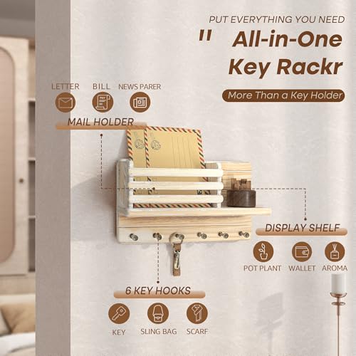 Rebee Vision Farmhouse Pine Wood Key Holder Wall Mount - Key Holder for Wall with Wooden Shelf & 6 Hooks - Mail Holder for Rustic Decor to Home, Bedroom, or Apartment (Natural Wood) - color: Natural Wood