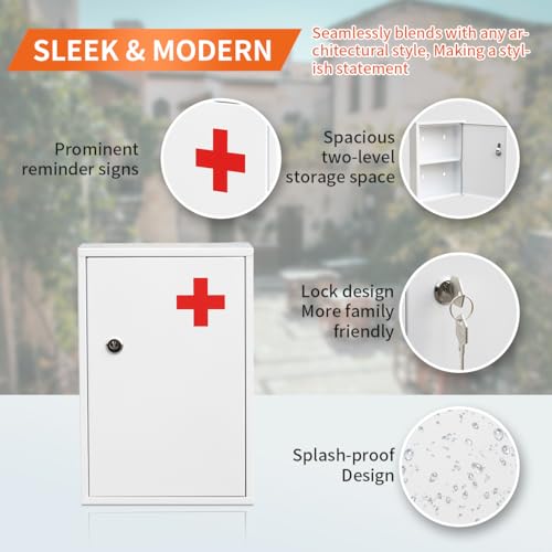 Ydocabinit Steel Wall-Mount Lockable Medical Cabinet, 2-Tier Medical Box with Key, Metal Storage Box, Medicine Organizer Secure Large Capacity, First Aid Cabinet for Bathroom School 12.59×8.46×3.14"