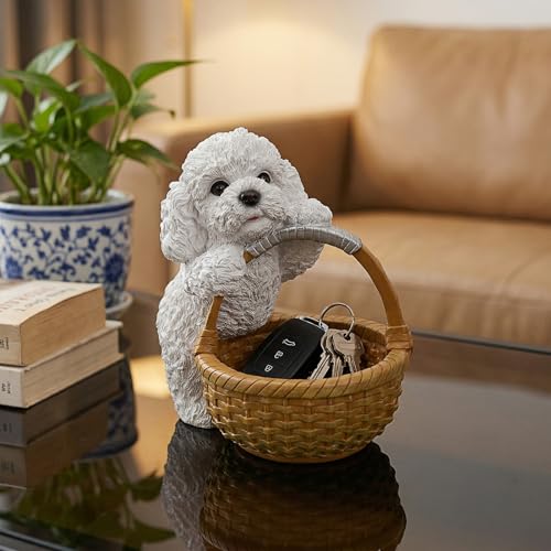 Trinket Tray & Key Holder Bowl for Vanity Dresser Featuring White Poodle - Dog Statue Catchall Storage & Candy Basket - Aesthetic Animal Figurine Home Accent - color: Poodle Holding Basket - White, size: Poodle