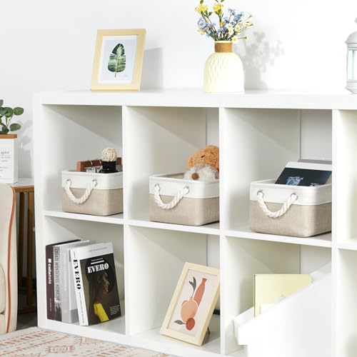 Bidtakay Small Baskets Fabric Storage Baskets for Organizing 3-Pack 12x8x5 Inch Collapsible Storage Bins for Shelves Canvas Bins for Closet Organization Baskets Storage Linen Closet S-White&Beige - color: White&Beige, size: 3 Pack-S-12x8x5 In