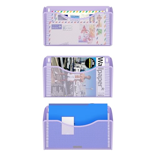 EasyPAG 3 Pack Wall File Organizer, Metal Mesh Hanging File Folder Holder for Letter/A4 Size Folders, Vertical Wall Mount Mail Sorter for Office Paperwork, Classroom, Purple - color: Purple