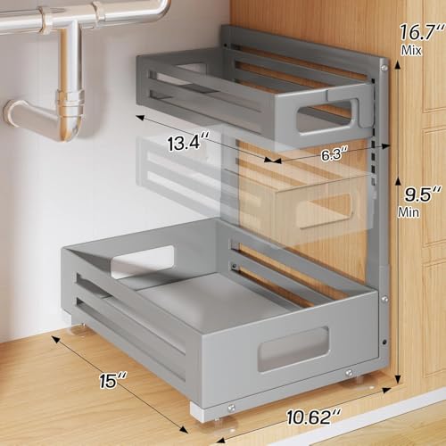2 Pack Under Sink Organizer,Pull Out Cabinet Organizer With Smooth Cylindrical Rail,Metal Slide Out Drawer for Kitchen Bathroom Laundry Cabinet,8-Level Tool Free Height Adjustable-Gun Gray - color: Gun Gray, size: 2 Pack-15"Dx9.5"-16.7"H