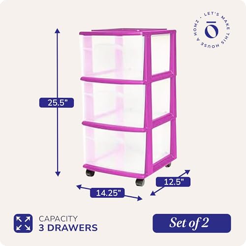 HOMZ 2-Pack Drawer Tower, 3-Tier Clear Plastic Storage Organizer Cart, Purple Frame - Organizing Containers with Wheels for Home, Bathroom, Bedroom, Office, and Classroom - color: Purple, size: 2 Pack