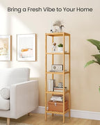 SONGMICS Bamboo Storage Shelf, 5-Tier Shelving Unit, Multifunctional, in the Entryway, Bathroom, Living Room, Balcony, Kitchen, 13 x 13 x 57.5 Inches, Light Bamboo UBCB55Y - color: Light Bamboo, size: 5 Tiers (13"D x 13"W x 57.5"H)