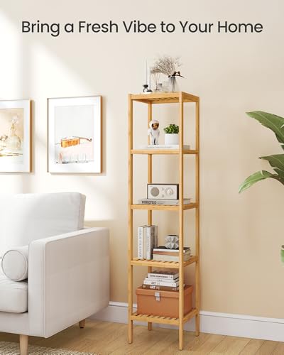 SONGMICS Bamboo Storage Shelf, 5-Tier Shelving Unit, Multifunctional, in the Entryway, Bathroom, Living Room, Balcony, Kitchen, 13 x 13 x 57.5 Inches, Light Bamboo UBCB55Y - color: Light Bamboo, size: 5 Tiers (13"D x 13"W x 57.5"H)