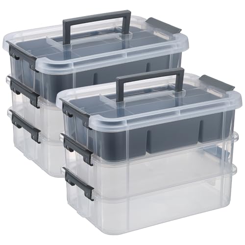 JUXYES 2 Pack 3-Tiers Stack Carry Storage Box With Divided Tray, Transparent Stackable Storage Bin With Handle Lid Latching Storage Container for School & Office Supplies, Dark Gray - color: Gray