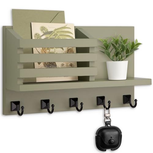 Key Holder Wall Mount, Mail Organizer for Wall with 5 Square Rustic Key Hooks Key Shelf Farmhouse Home Decor for Entryway - color: Sage Green