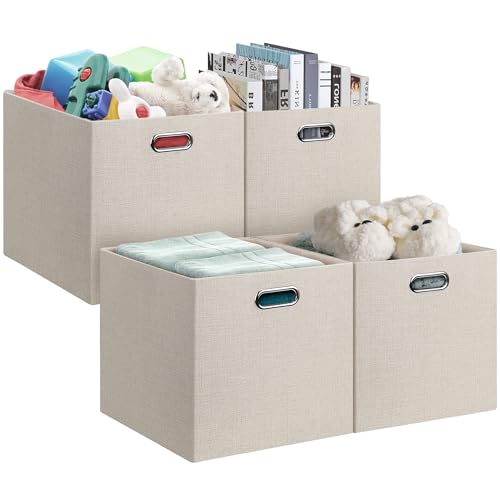 Posprica 13x15x13in Collapsible Storage Bins, Fabric Foldable Cube Storage Boxes, Decorative Storage Baskets Organizer for IKEA Kallax, Shelves, Closet, Clothes, Toy, Set of 4-Beige - color: Beige