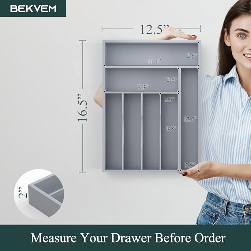 Bamboo Silverware Organizer, Kitchen Drawer Organizer, Utensil Holder, Cutlery Tray & Spoon Flatware Storage with Grooved Drawer Dividers (Grey, 12.5''W x 16.5''D) - color: Grey, size: 12.5''W x 16.5''D