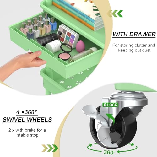 Goovilla 3 Tier Rolling Utility Cart Organizer with Removable Drawer, Stable and Sturdy Green Rolling Storage Carts with 2 Lockable Wheels for Bathroom, Kitchen, Snack, Craft, Makeup, Baby Essentials - size: 3 Tier, style: Green