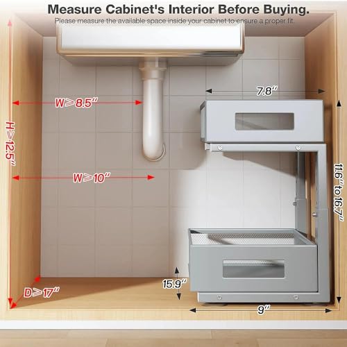 Under Sink Organizer,2-Tier Dual Pull Out Cabinet Organizer Drawers With Smooth Circular Rail,Large Capacity Metal Mesh Sliding Shelves For Bathroom& Kitchen Storage,Height Adjustable–Gun Gray,2 Packs - color: Gun Gray, size: 2 Pack-15.9"Dx11.6"-16.7" H