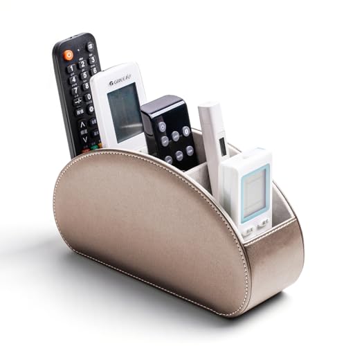 Remote Control Holders Organizer Box with 5 Compartment PU Leather Multi-functional Office Desk Storage Caddy Store Tv Remote for Media Player,Brush,Pencil,Glassees&Office Supplies (Champagne silver) - color: Champagne silver, size: S