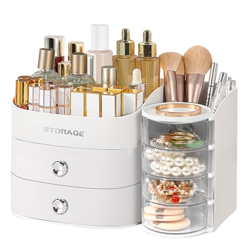 Makeup Organizer Countertop with Drawers, Make up Organizers for Vanity, Skincare Jewelry Earring Organizers, Cosmetic Display Cases Makeup Storage for Bedroom & Bathroom, Ideal Gifts for Women(White) - color: White