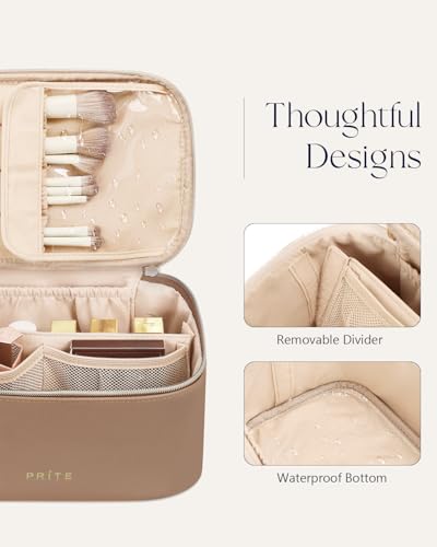 Prite Makeup Bag, Large Capacity Portable Travel Cosmetic Bag, Waterproof Makeup Organizer for Women with Handle and Divider (001 Brown) - color: 001 Brown