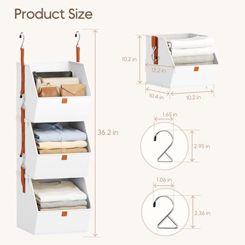 Homsorout Collapsible Hanging Closet Organizer - 3 Tier Closet Shelves Storage System with Hooks, Fabric Hanging Storage Bins for Clothes, Foldable Storage Basket for Laundry, Bedroom, Rv, White - color: White, size: 3 shelves