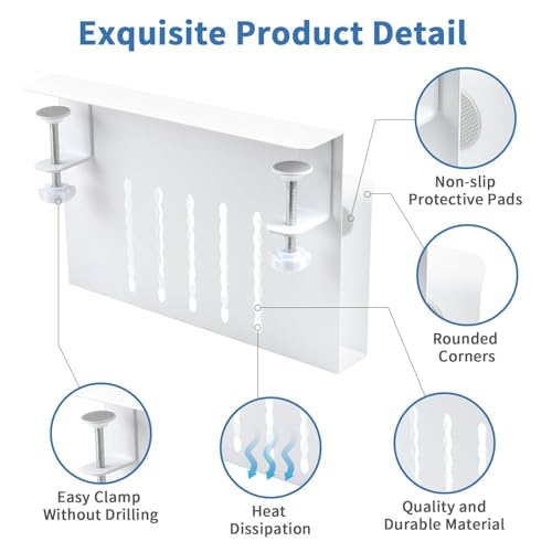 Desk Side Storage, Desk Laptop Holder with Magnetic Pen Holder, No Drill Desk Side Organizer for Office and Home Fits Flat Edge 0.3" to 2.3" - color: White