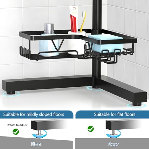 KEGII Floor Shower Caddy Standing – 4-Tier Corner Shower Organizer with Hooks & Soap Holder, Free-Standing Bathroom Storage Rack for Shampoo & Toiletries, Black - style: Floor Caddy - Black