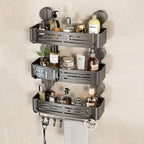 VOLPONE Shower Caddy Suction Cup No Drilling Suction Cup Shower Shelf Heavy Duty Bathroom Shower Organizer Storage Rack Adhesive with Towel Bar Hooks (3-Pack, Matte Gray) - style: Suction Cup Rectangle with Towel bar 3 Tier Gray