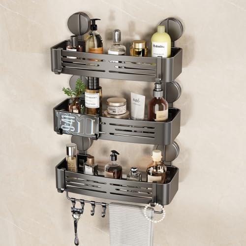 VOLPONE Shower Caddy Suction Cup No Drilling Suction Cup Shower Shelf Heavy Duty Bathroom Shower Organizer Storage Rack Adhesive with Towel Bar Hooks (3-Pack, Matte Gray) - style: Suction Cup Rectangle with Towel bar 3 Tier Gray