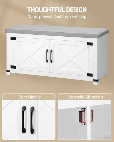 Hzuaneri Shoe Storage Bench, 2 Tier Shoe Bench with Padded Seat Cushion & 2 Barn Doors, Entryway Bench with Adjustable Shelf, Farmhouse Shoe Cabinet for Living Room, Bedroom, White SB26603GY - color: White, size: 39.4"W