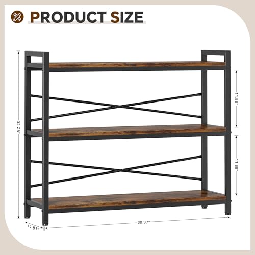 3 Tier Bookshelf 39.37" Width, Dorm Desk Hutch, Desk Shelf, Long Industrial Bookcase, Wooden Large Book Shelf for School Home Living Room Bedroom Office Storage(Vintage) - color: Vintage, size: 3 Tier - 39.4" W