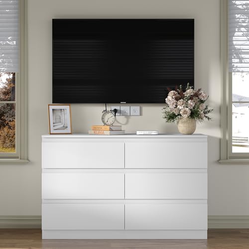 Furniouse Modern 6 Large Storage Drawers Dresser for Clothes Organizer, White Modern Chest of Drawers for Closet, 47" Long Drawer Organizer Cabinet for Bedroom, Living Room, Entryway, Hallway - size: 15"D x 47.3"W x 29.7"H (6 Drawers)