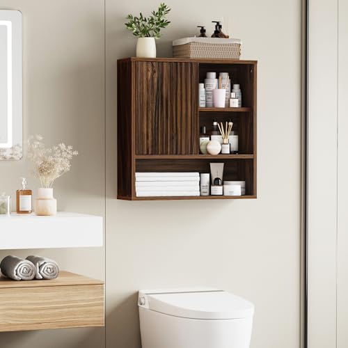 Farmhouse Bathroom Wall Cabinet Fluted,Medicine Cabinet Over The Toilet Storage Cabinet with Adjustable Shelf, Wood Wall Mounted Storage Cabinet Organizer 23.2Wx24Hx7.6D (Dark Walnut, Medium) - color: Dark Walnut, size: Medium