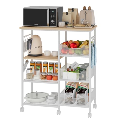 SWTYMIKI Kitchen Island Cart on Wheels - 28.35x14.57in Rolling Kitchen Table Cart with Storage Shelves, 6 Removable Hooks& Locking Casters, Coffee Bar Cabinet for Dining Room Pantry Office, White - size: 28x14.57in, style: White