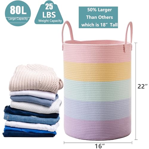 80L Extra Large Rainbow Laundry Hamper for Baby Girls Clothes Tall Woven Laundry Basket for Kids Nursery Toy in Playroom Blanket Basket for Living Room Bedroom 16"D x 22"H Pastel Unicorn - color: Pastel Rainbow, size: Extra Large (80L)
