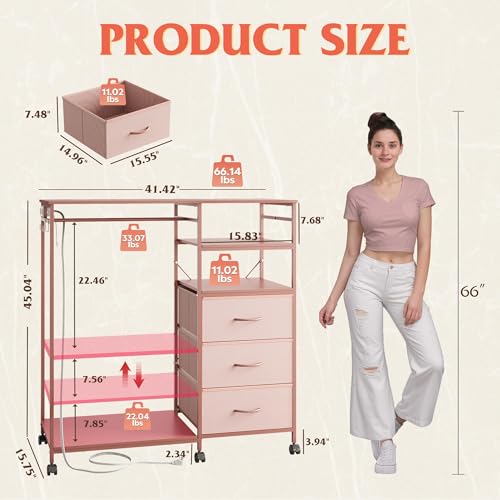 WLIVE Pink Dresser with Hanging Rack for Bedroom, 3 Drawer Dresser with LED Lights & Charging Station, Fabric Dressers & Chest of Drawers, Storage Organizer with Open Shelves for Living Room - color: Pink