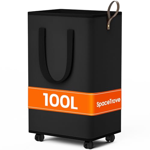 SpaceTrove Laundry Basket with Wheels, Collapsible Laundry Baskets, Laundry Hamper with Handles Detachable Wheels, Rolling Laundry Basket, Dirty Clothes Hamper for Bathroom, Dorm, Bedroom, Black, 100L - color: Black, size: 100L