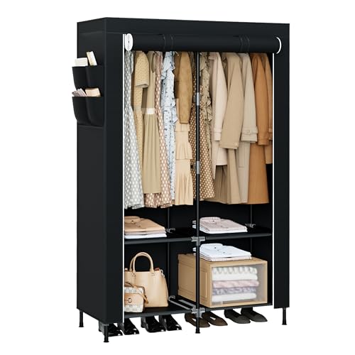 CASAMAYA Portable Closet, 34 Inch Large Capacity Wardrobe Closet with Cover, Clothes Storage Organizer with Shelves and 2 Hanging Rods, Easy to Assembly, Black PCT202B01 - size: 34"L x 17.7"W x 70.9"H