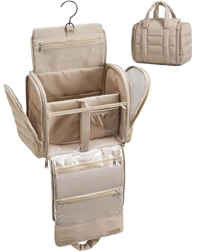 BAGSMART Puffy Travel Makeup Bag, Portable Hanging Toiletry Organizer with Removable Partition, Organizer for Travel-Sized Shampoo, Conditioner, Brushes Set, makeup Accessories, Camel - color: Camel