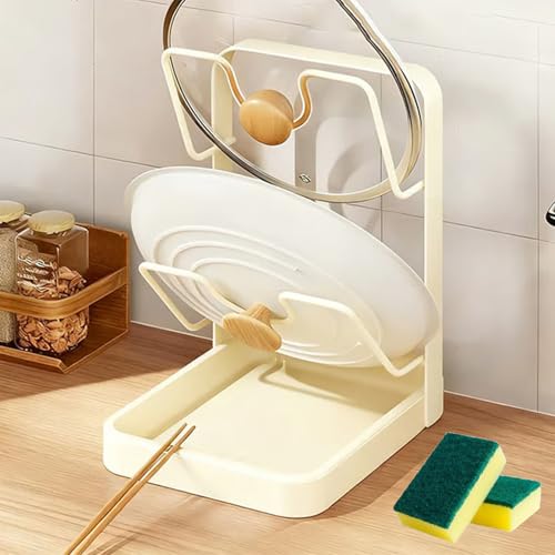 GDSAFS Kitchen Pot Lid Storage Rack, Pot Lid Holder With Tray, Lid Holder While Cooking, Lid And Spoon Rest, Multifunctional Kitchen Organizer Stand for Stove Top (Begie, Double-layer) - color: Begie, size: Double-layer