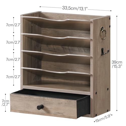 HOOBRO Wall File Organizer, Mail Organizer Wall Mounted, Wooden Mail Sorter, Construction Paper Holder with Drawer Storage and 2 Hooks, for Office, Classroom, Home, Greige BG14WF01 - color: Greige