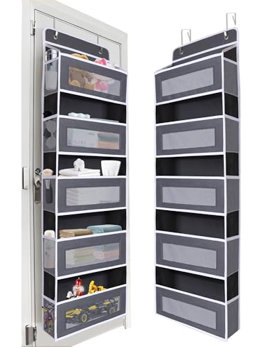 Over The Door Organizer 44LB Capacity with 5 Large Pockets & 10 Mesh Side Pockets, Clear Window Anti-Tilt Hanging Storage for Nursery, Bathroom, Pantry - Dark Grey, 1 Pack - color: Dark gray